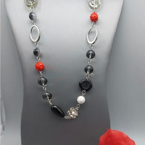 NYC Jewelry - Signed NY Necklace Silver Tone Red Gray Black Various Shape Beads 40"